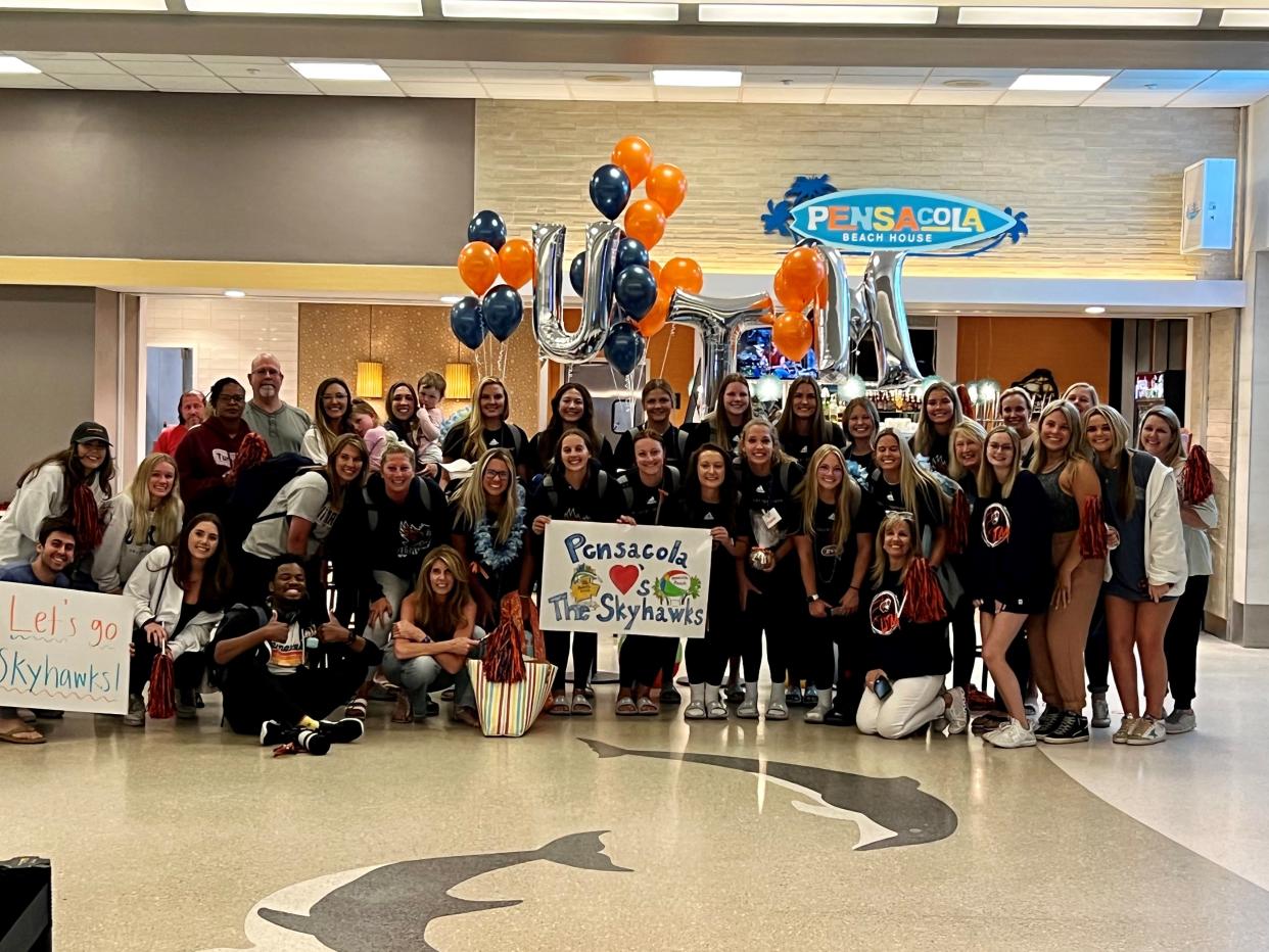 The University of Tennessee-Martin beach volleyball team was greeted by supports upon arrival Monday, May 2, 2022 to the Pensacola International Airport.