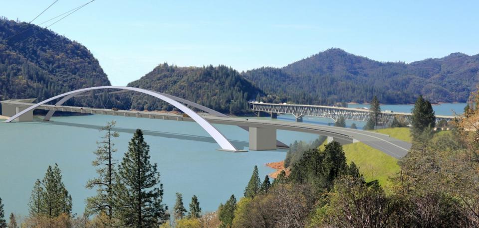 Caltrans has drawn up three designs of a bridge to replace the Interstate 5 highway portion of the Pit River Bridge over Lake Shasta.