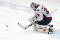 Washington Capitals goaltender Ilya Samsonov makes a save during the first period of the team's NHL hockey game against the New York Islanders, Thursday, April 22, 2021, in Uniondale, N.Y. (AP Photo/Kathy Willens)