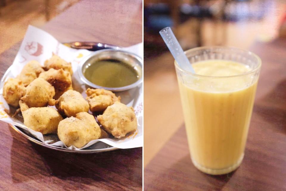 'Paneer pakoras' (left) and mango 'lassi' (right).