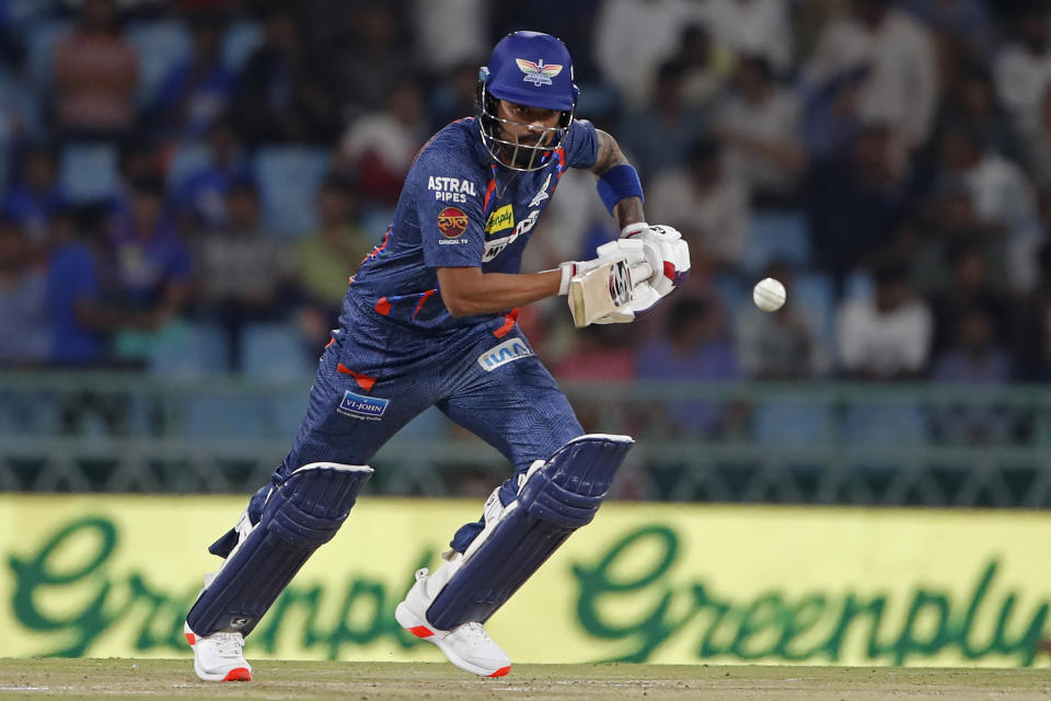 Lucknow Super Giants' captain KL Rahul plays a shot during the Indian Premier League cricket match between Lucknow Super Giants and Delhi Capitals in Lucknow, India, Friday, April 12, 2024. (AP Photo/Surjeet Yadav)