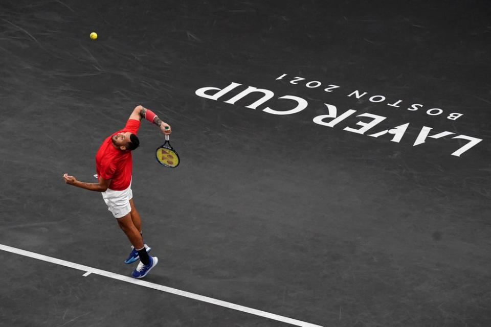 Nick Kyrgios hits a serve at the Laver Cup (Elise Amendola/AP) (AP)