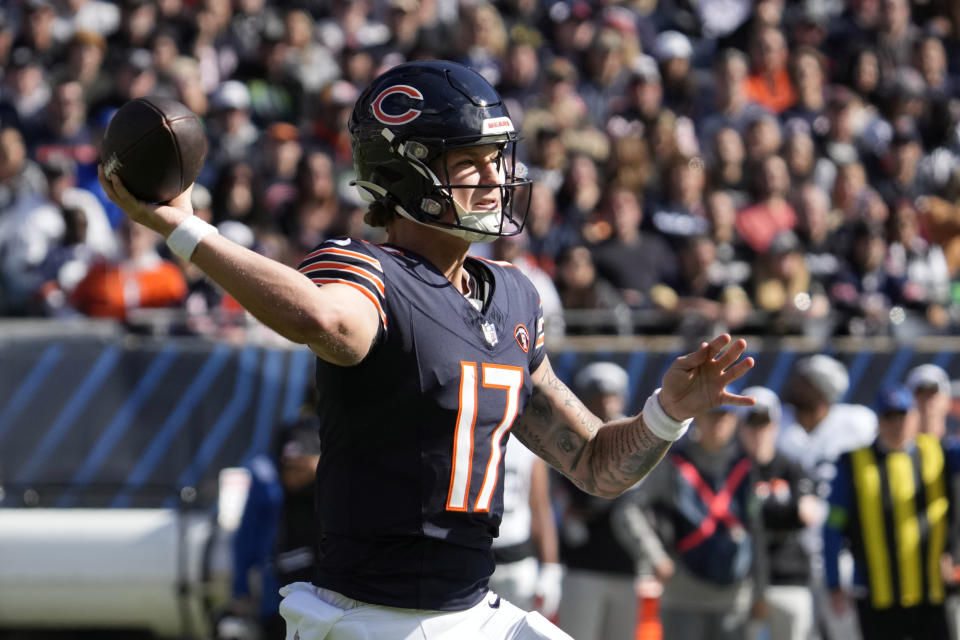 Chicago Bears quarterback Tyson Bagent passes against the Las Vegas Raiders in the first half of an NFL football game, Sunday, Oct. 22, 2023, in Chicago. (AP Photo/Nam Y. Huh)