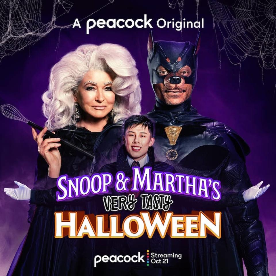 Promo photo for Snoop & Martha's Very Tasty Halloween featuring Snoop in Bat Snoop costume, Martha Stewart in huge wig and Alvin Zhou in vampire costume