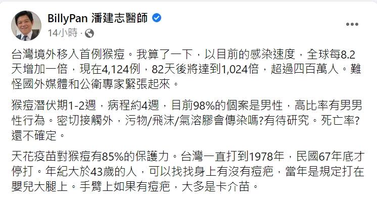 醫師預估82天後感染人數將突破400萬人。（圖／翻攝自潘建志臉書）