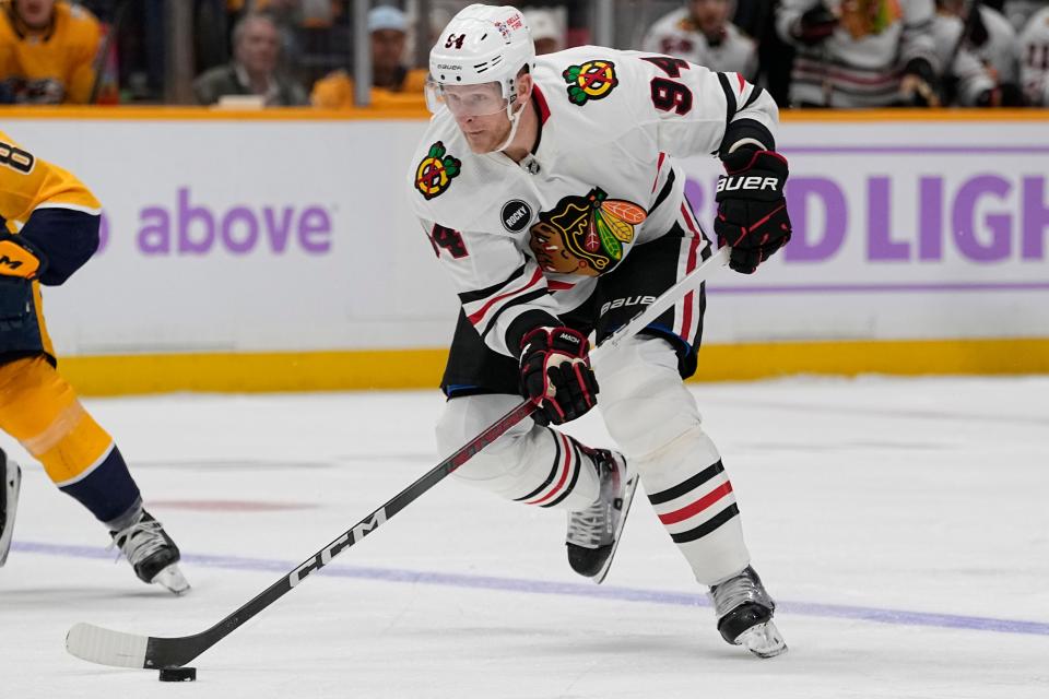 Chicago Blackhawks right wing Corey Perry handles the puck in a Nov. 18 game against the Nashville Predators.