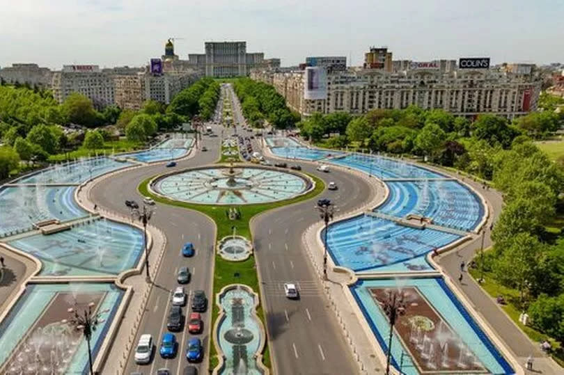 Aerial view of Unirii Square, Bucharest Romania on a sunny day.