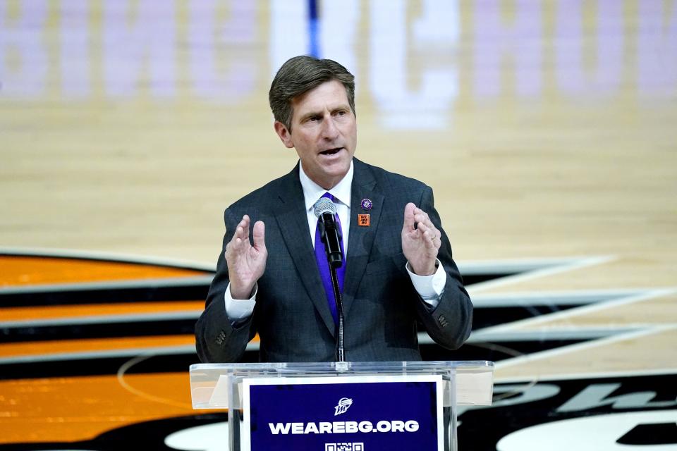 Arizona Democratic Rep. Greg Stanton speaks at a rally for Phoenix Mercury WNBA basketball player Brittney Griner Wednesday, July 6, 2022, in Phoenix. Griner has been detained in Russia for 133 days, charged in Russia for having vape cartridges containing hashish oil in her luggage. (AP Photo/Ross D. Franklin)