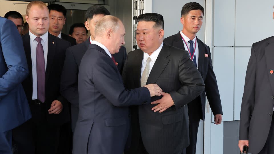 North Korean leader Kim Jong Un and Russia's President Vladimir Putin talk during a tour, in Russia, on September 13. - KCNA/Reuters