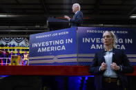 President Joe Biden speaks at the Amtrak Bear Maintenance Facility, Monday, Nov. 6, 2023, in Bear, Del. (AP Photo/Andrew Harnik)