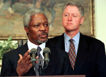 FILE PHOTO - New United Nations Secretary General Kofi Annan (L) speaks at the White House after meeting President Clinton January 23, 1997. REUTERS/Rick Wilking /File Photo