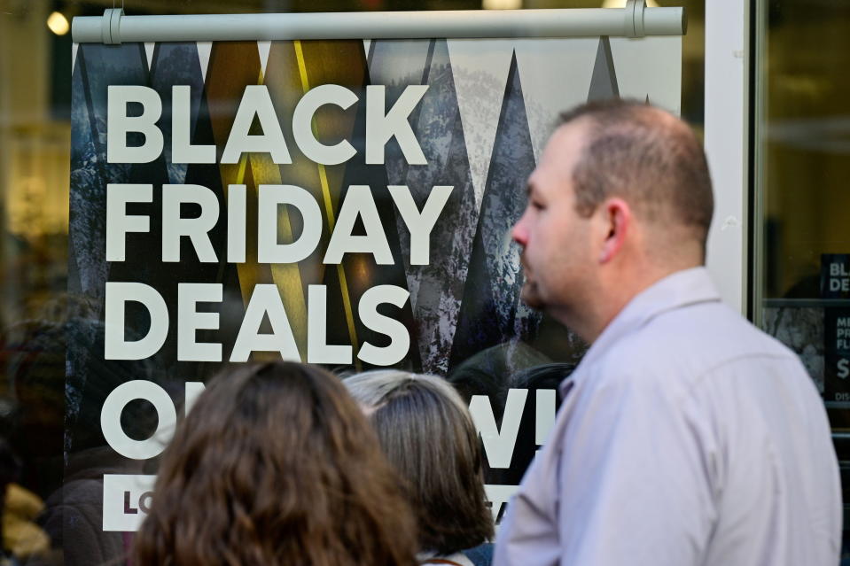 A general view of a sign highlighting discounted items as Black Friday sales begin at The Outlet Shoppes of the Bluegrass in Simpsonville, Kentucky, U.S., November 26, 2021. REUTERS/Jon Cherry