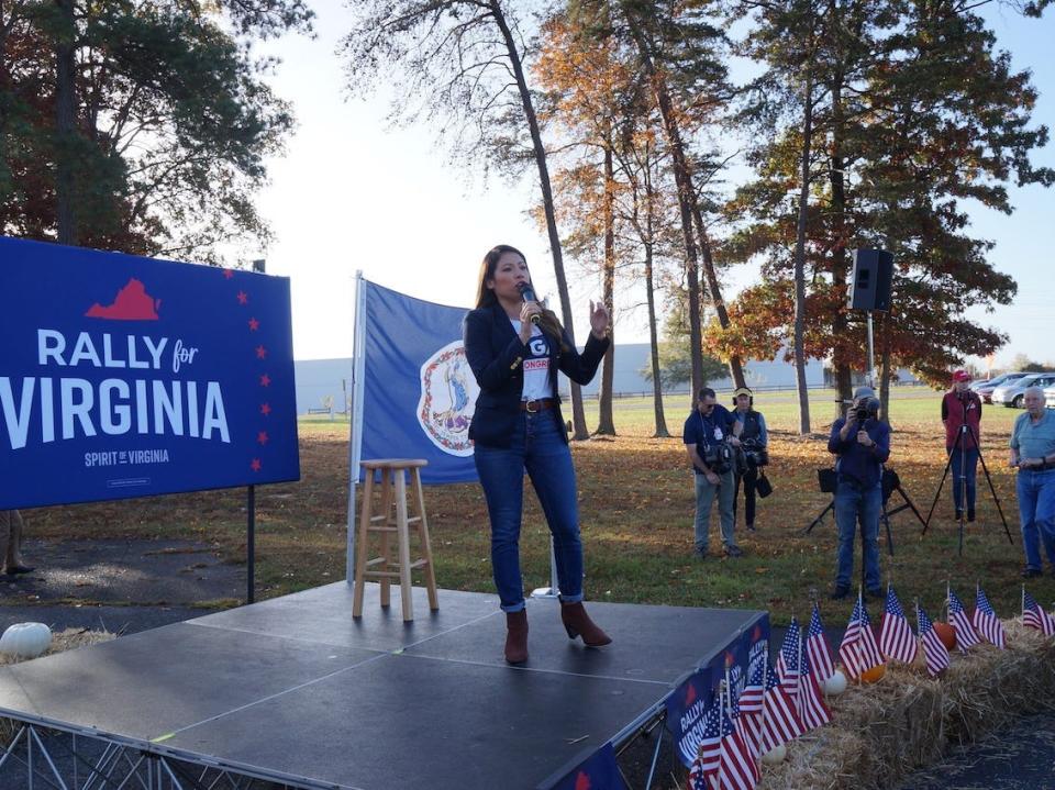 GOP congressional candidate Yesli Vega speaks to supporters in Spotsylvania, VA on Saturday, Nov. 5.