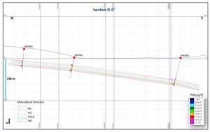 Section D-D´ looking east showing distribution of Pd-Pt-Au mineralised horizons in the northwest area of the project. Boundaries of mineralised horizons are preliminary interpretations and will be adjusted for the updated MRE.