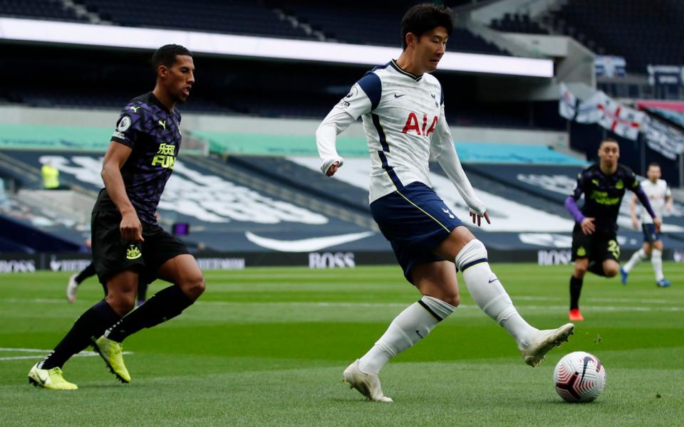 Tottenham's Son Heung-min, right, controls the ball during the English Premier League soccer match between Tottenham and Newcastle at the Tottenham Hotspur Stadium in London, Sunday, Sept. 27, 2020.  - REUTERS