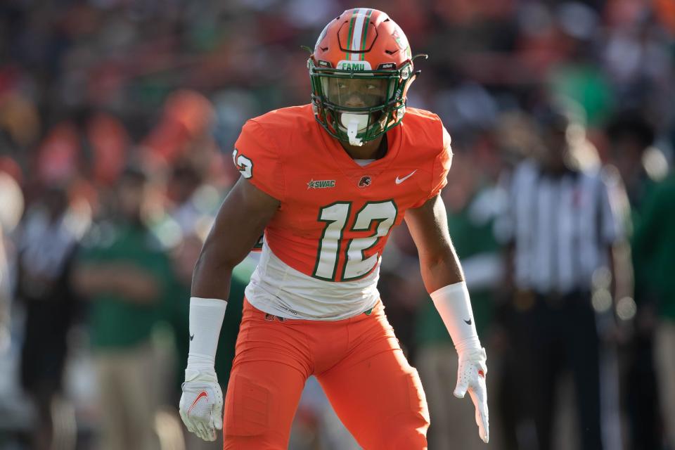 Florida A&M Rattlers defensive back Kortney Cox (12) waits for the snap during a game between FAMU and Grambling State University at Bragg Memorial Stadium on FAMU's homecoming Saturday, Oct. 30, 2021.