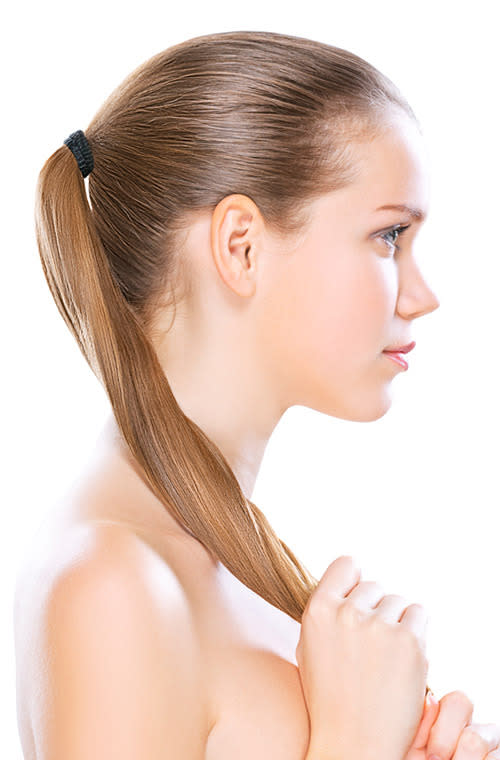 Resist the temptation to douse your head in the wonders of silky soft conditioner. For best results (and an oil-free scalp) keep conditioner away from the crown of your head. Instead, after shampooing, pull your hair into a ponytail, gently squeeze out the excess water, and apply a small amount of conditioner. This will allow your locks to soak up its goodness for a couple of minutes before rinsing thoroughly and applying your heat tools for styling.