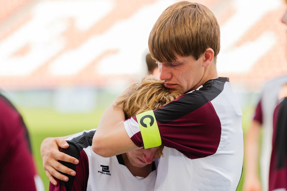 Morgan players react after losing the 3A boys soccer championship game at America First Field in Sandy on May 12, 2023. | Ryan Sun, Deseret News