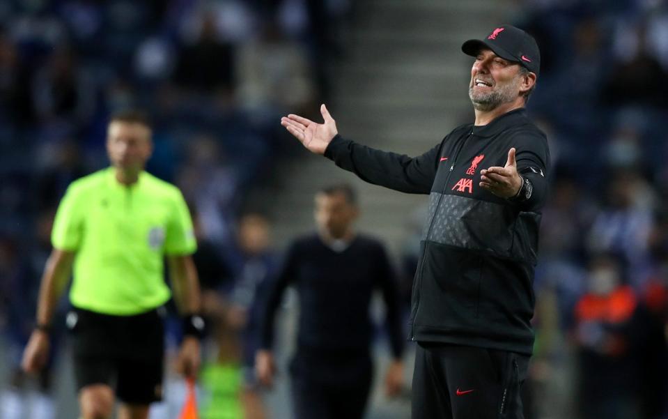 Liverpool head coach Jurgen Klopp reacts during the UEFA Champions League group B soccer match held at Dragao stadium, Porto, Portugal, 28 September 2021. FC Porto vs Liverpool, Portugal. - JOSE COELHO/EPA-EFE/Shutterstock