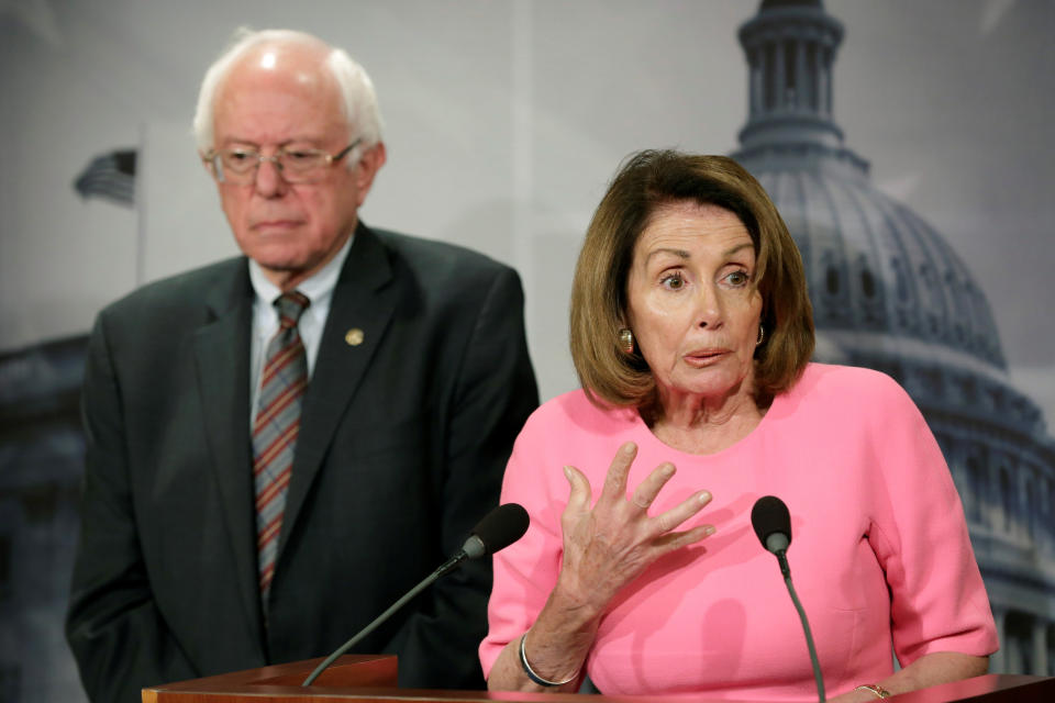 House Minority Leader Nancy Pelosi (D-Calif.) and Sen. Bernie Sanders (I-Vt.) hold a news conference on the release of the president's fiscal 2018 budget proposal on Capitol Hill&nbsp;on May 23, 2017.