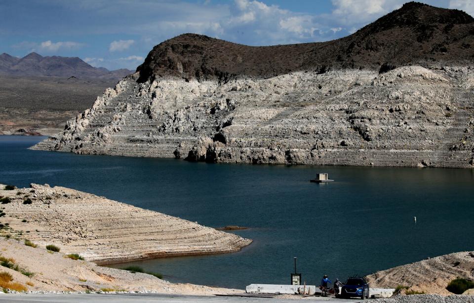 A white "bathtub ring" around Echo Bay is evidence of the declining water level in Lake Mead.