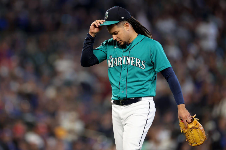 水手先發投手Luis Castillo表現不佳，僅主投2.2局就失掉4分。（MLB Photo by Steph Chambers/Getty Images）