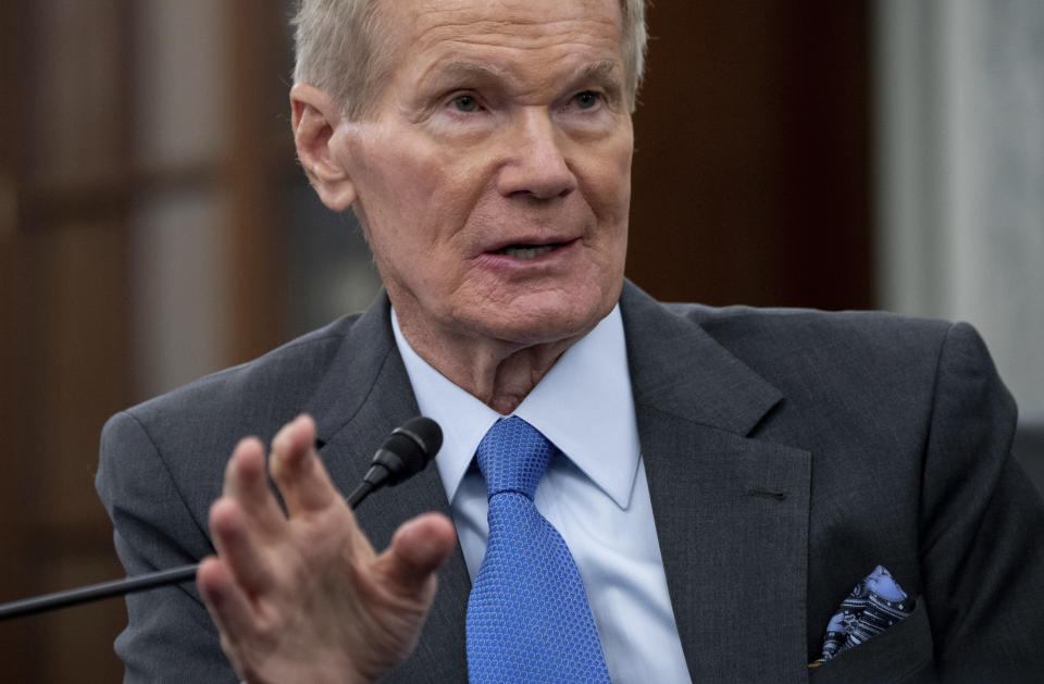 Former Sen. Bill Nelson, nominee to be administrator of NASA, speaks during a Senate Committee on Commerce, Science, and Transportation confirmation hearing, Wednesday, April 21, 2021 on Capitol Hill in Washington. (Saul Loeb/Pool via AP)