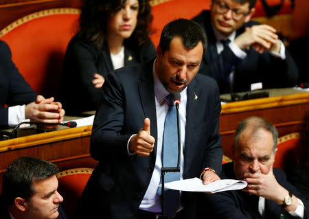 Deputy Prime Minister Matteo Salvini speaks in the upper house of the Italian parliament, in Rome, Italy March 20, 2019. REUTERS/Yara Nardi