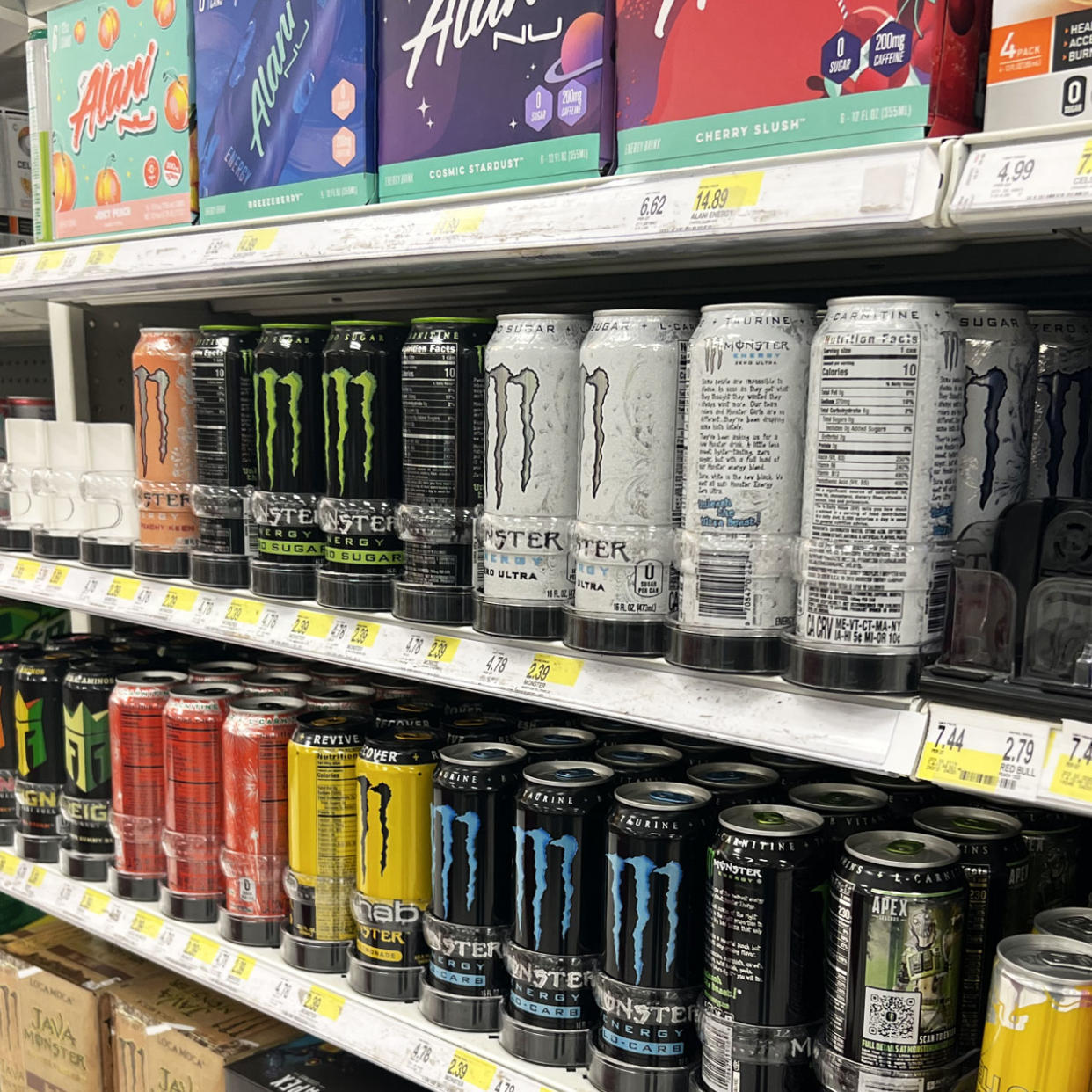 case of energy drinks on shelves