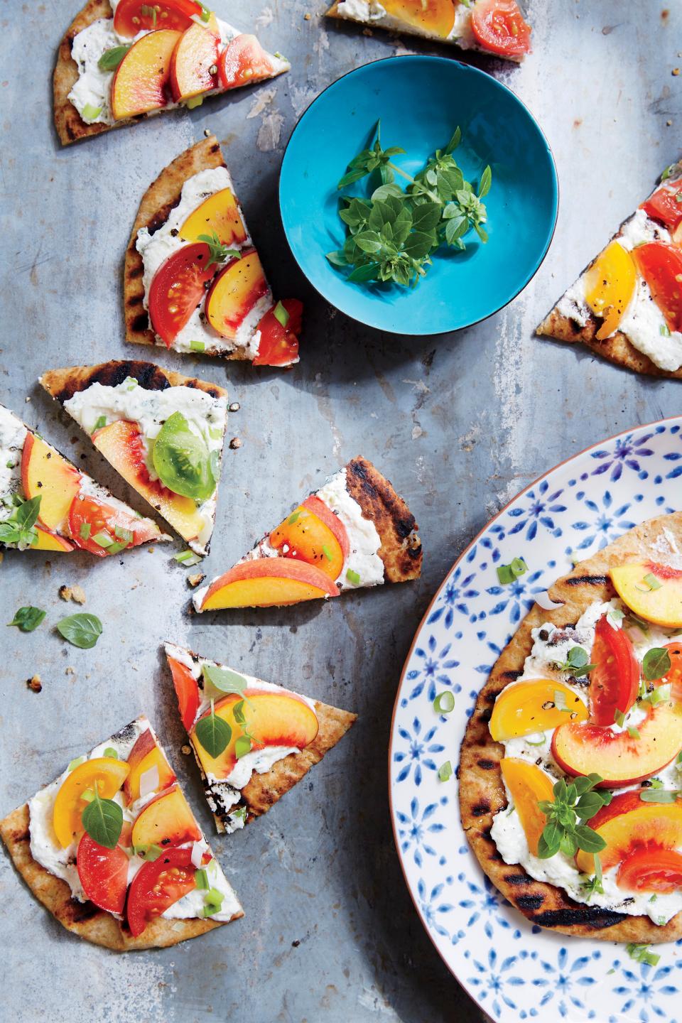 Tomato and Peach Flatbreads with Basil