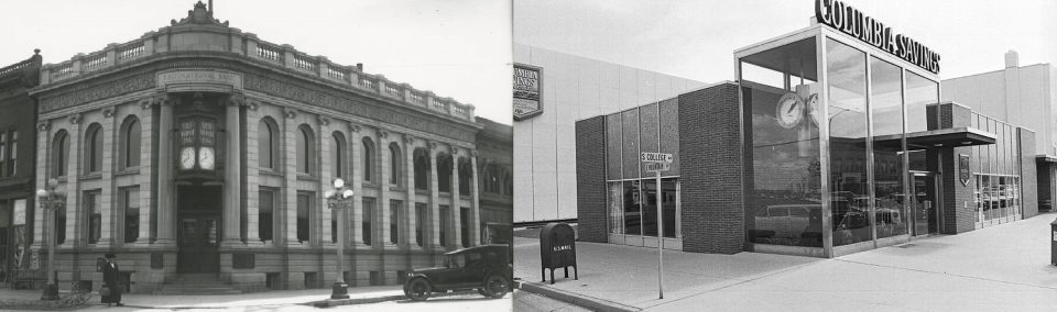 First National Bank in 1922 and Columbia Savings and Loan in 1967, after the original bank had been razed and replaced.
