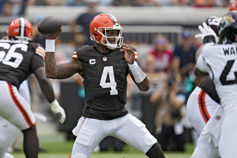 Cleveland Browns quarterback Deshaun Watson throws a pass against the Jacksonville Jaguars during the first half of an NFL football game Sunday, Sept. 15, 2024, in Jacksonville, Fla. (AP Photo/John Raoux)