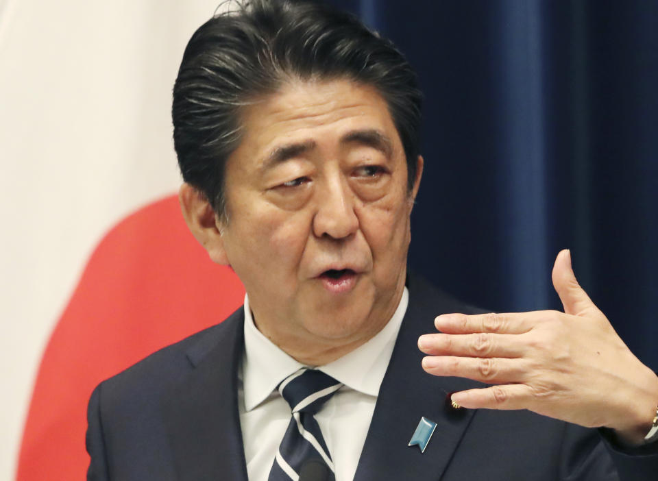 Japanese Prime Minister Shinzo Abe speaks during a press conference at Abe's official residence in Tokyo, Wednesday, June 26, 2019. Abe has pledged to seek a consensus on free trade and other contentious issues at this week's summit of the Group of 20 countries in Osaka. (AP Photo/Koji Sasahara)