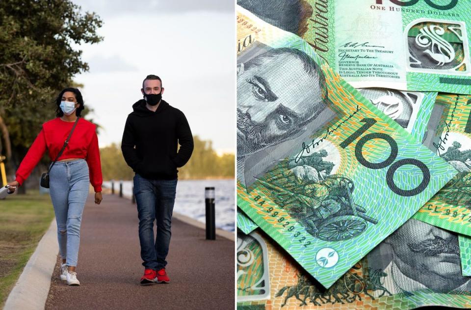 Compilation image of couple walking and a pile of $100 notes to represent superannuation, tax and money