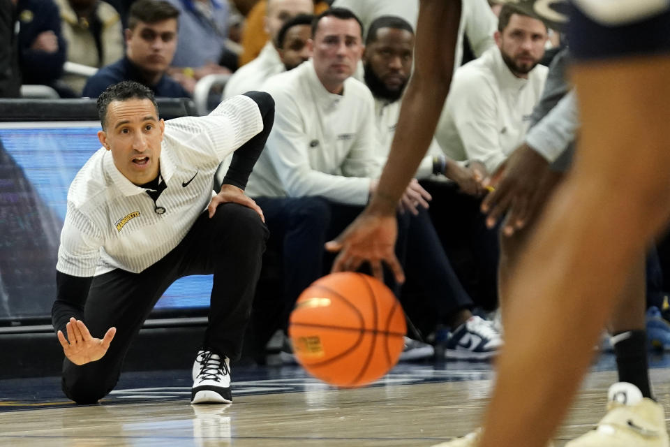 Marquette head coach Shaka Smart gestures from the sideline during the second half of an NCAA college basketball game against Xavier Wednesday, Feb. 15, 2023, in Milwaukee. (AP Photo/Aaron Gash)