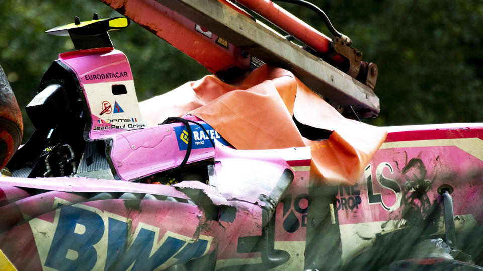 Pictured is the wreckage of French F2 driver Anthoine Hubert's racecar.