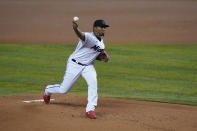 Miami Marlins' Sixto Sanchez pitches during the first inning of the first game of a baseball doubleheader against the Washington Nationals, Friday, Sept. 18, 2020, in Miami. (AP Photo/Wilfredo Lee)