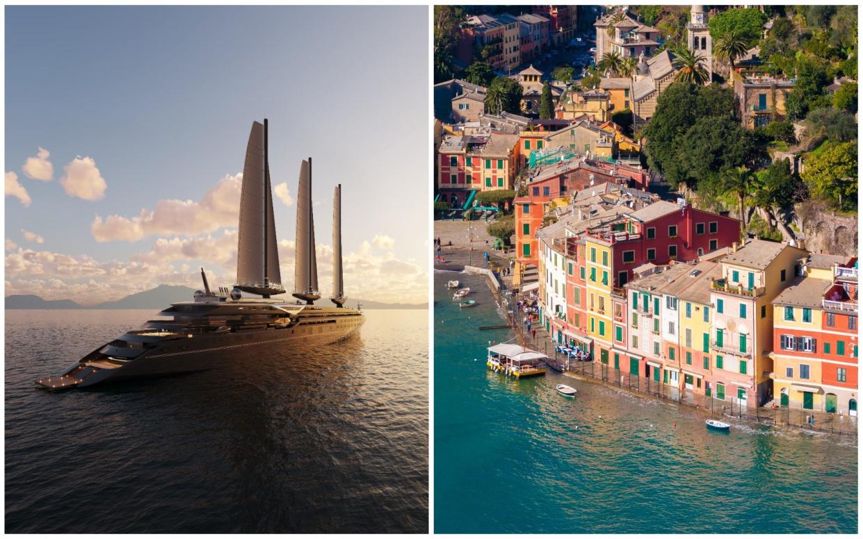 Orient Express yacht; aerial shot of Portofino - Maxime d'Angeac & Martin Darzacq/Alamy