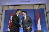 Canada's Prime Minister Justin Trudeau takes part in a bilateral meeting with Prime Minister of The Netherlands Mark Rutte during the NATO Summit in Watford, England, on Wednesday, Dec. 4, 2019. (Sean Kilpatrick/The Canadian Press via AP)