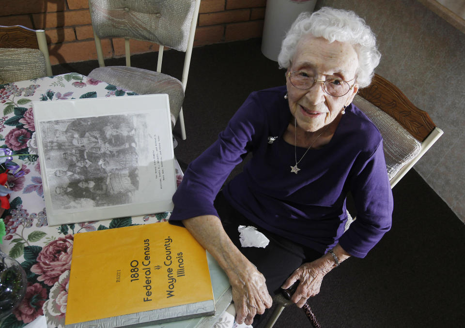 In this March 30, 2012, photo, Verla Morris, who will turn 100 later this year, poses for a photograph as she goes through some of her family census data from the 19th and 20th centuries at her local residential senior center in Chandler, Ariz. When the 1940 census records are released Monday, April 2, Morris will see her own name and details about her life in the records being released after 72 years of confidentiality expires, allowing her to find out more about her family tree. (AP Photo/Ross D. Franklin)