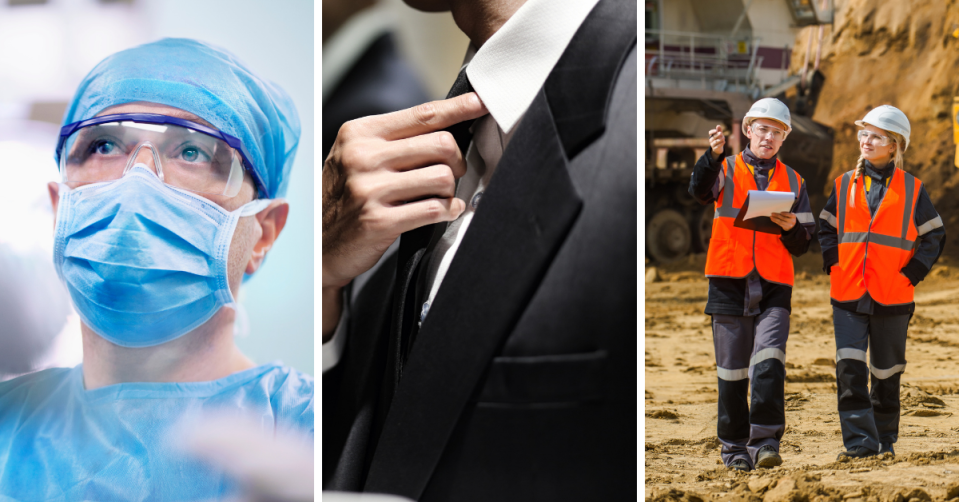 A surgeon, a businessman adjusts his tie, two people working at mine site.