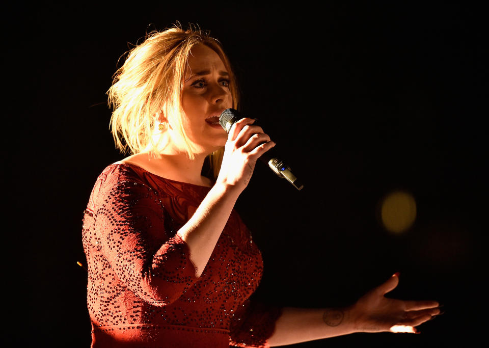 LOS ANGELES, CA - FEBRUARY 15:  Singer Adele performs onstage during The 58th GRAMMY Awards at Staples Center on February 15, 2016 in Los Angeles, California.  (Photo by Kevork Djansezian/Getty Images for NARAS)