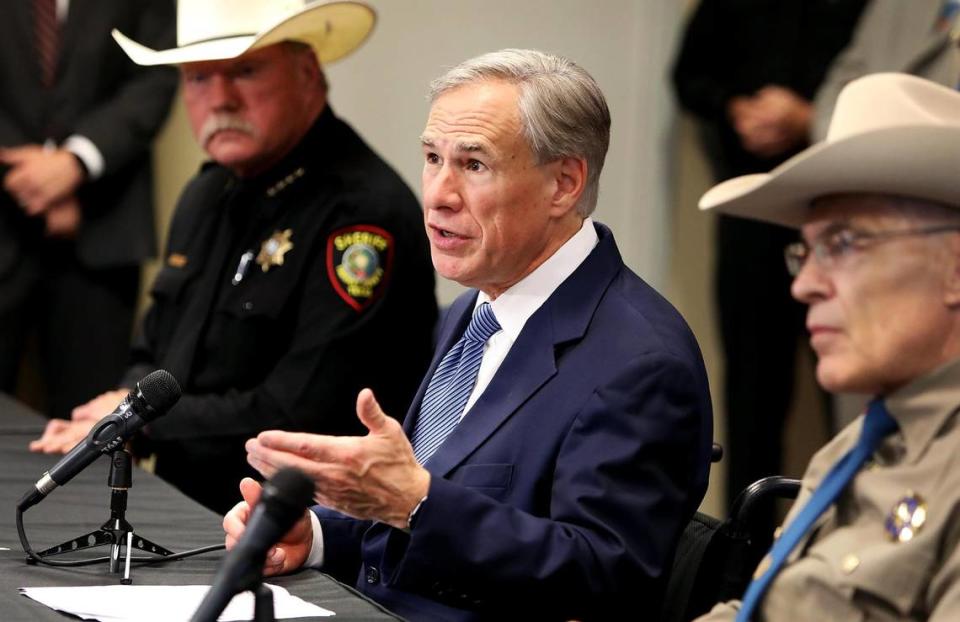 Gov. Greg Abbott announces new criminal offense for the manufacture or distribution of fentanyl during a press conference in 2021 in Fort Worth.