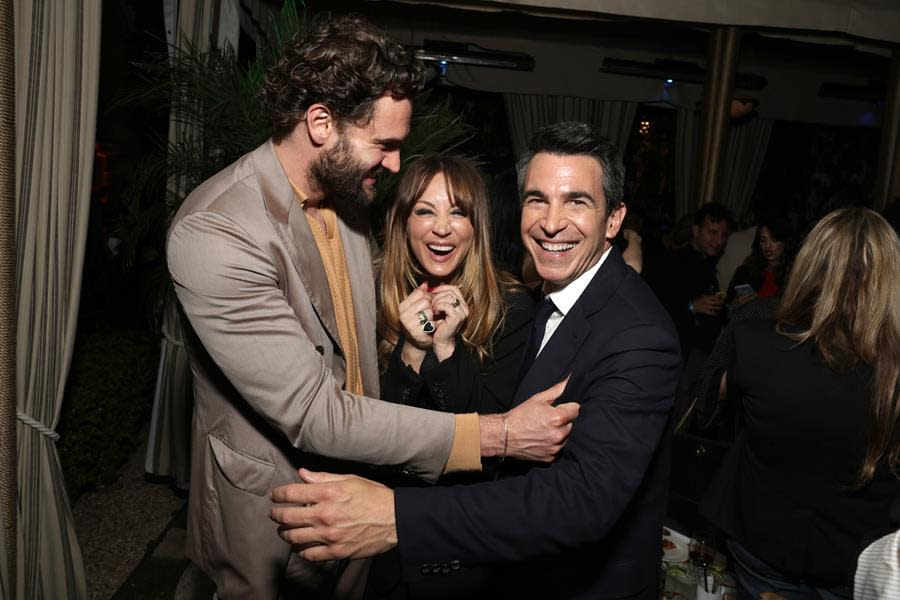 Tom Bateman, Kaley Cuoco and Chris Messina having a lovefest at the “Based on True Story” premiere party at Chateau Marmont in Los Angeles. (Peacock & Michel Guyon/Line 8)