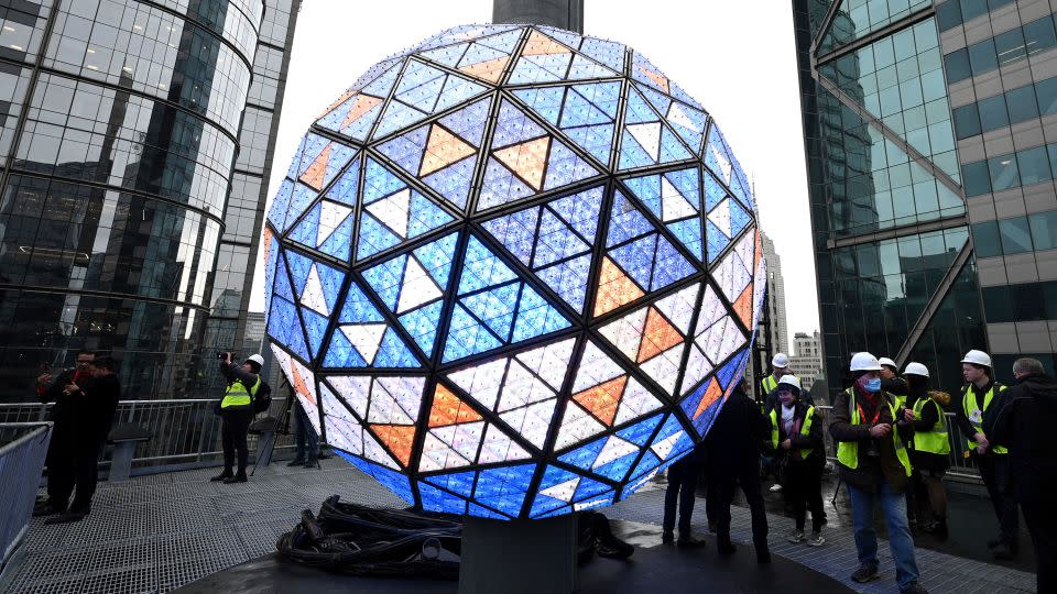 View of the new 'Bowtie' design for the 2024 New Year's Eve Ball from atop One Times Square, New York, December 27, 2023. - Anthony Behar/Sipa USA via AP