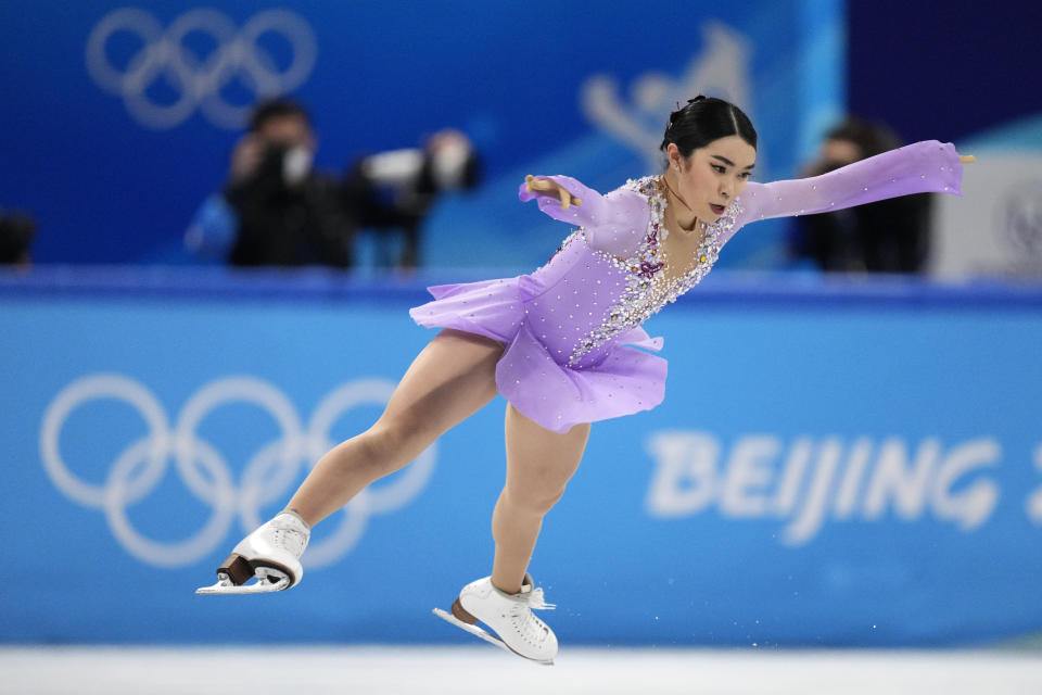 Karen Chen, of the United States, competes in the women's free skate program during the figure skating competition at the 2022 Winter Olympics, Thursday, Feb. 17, 2022, in Beijing. (AP Photo/Bernat Armangue)