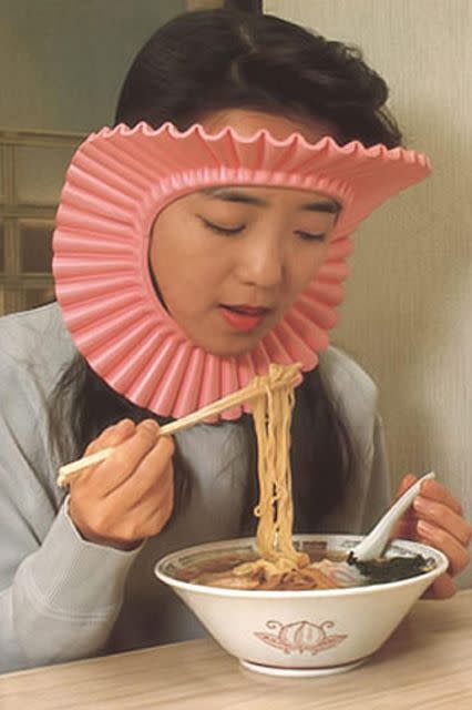 <p>This <a href="http://stephs-stuff-3.myshopify.com/products/ramen-hair-protector?variant=1038809897" rel="nofollow noopener" target="_blank" data-ylk="slk:ramen hair protector.;elm:context_link;itc:0;sec:content-canvas" class="link ">ramen hair protector.</a> I mean, WHAT IS THIS? The product costs $15 (HA!), but the tag line is priceless: “Who likes when ramen broth splashes you in the hair, necessitating having to wash sooner than scheduled?”</p><p><i>PHOTO: COURTESY OF STEPH’S STUFF/RAMEN HAIR PROTECTOR.</i></p>
