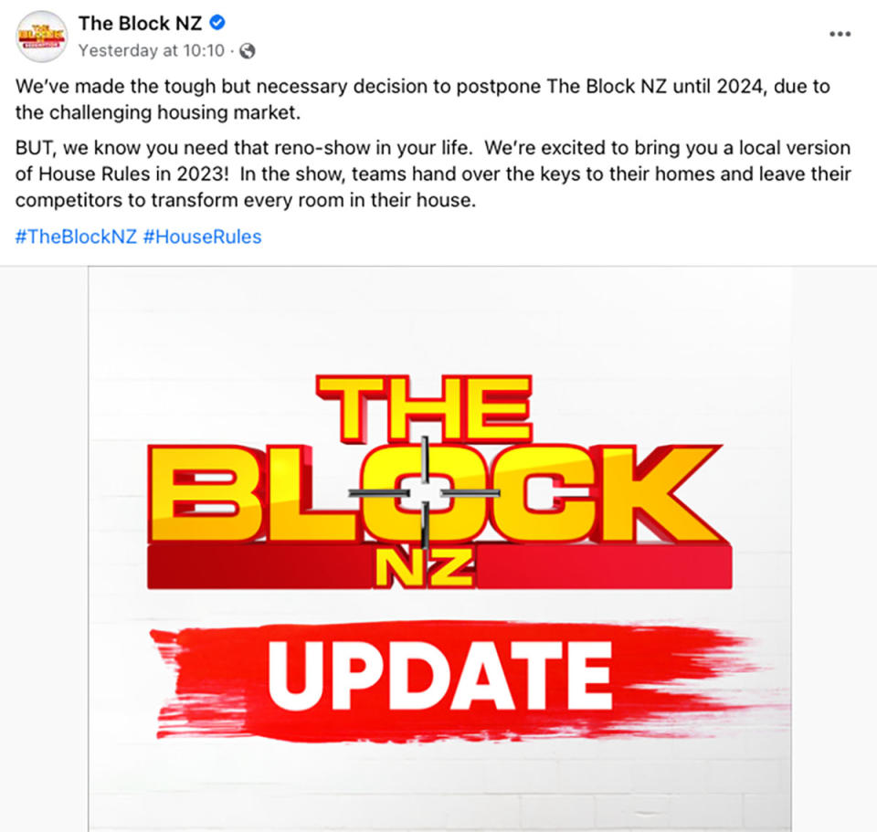 The Block NZ update on Facebook saying it was cancelled