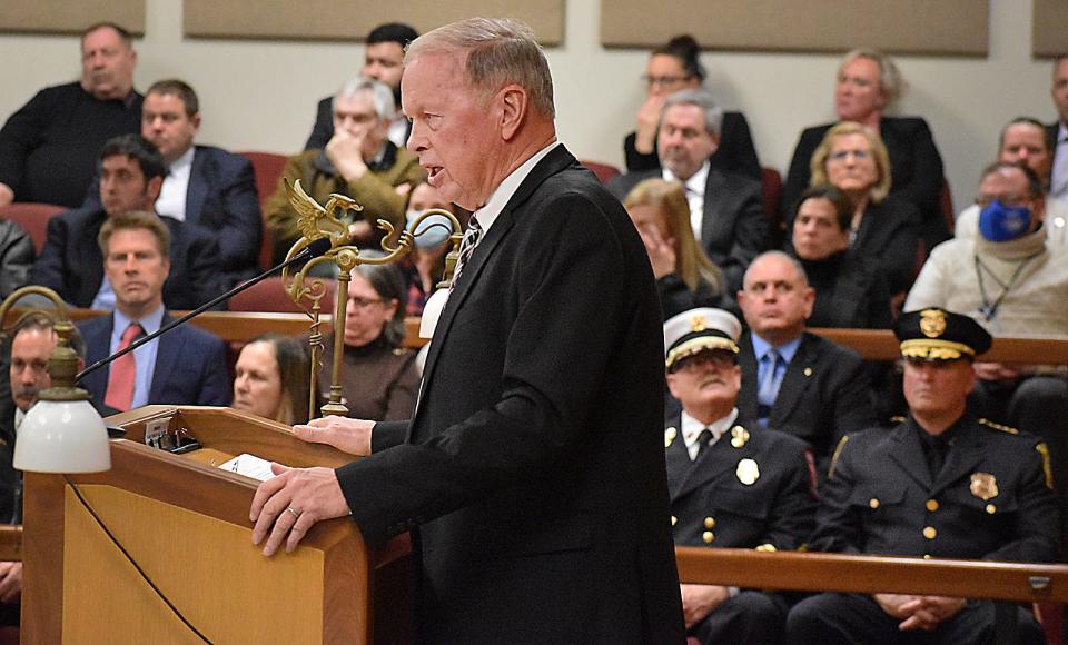 Fall River Mayor Paul Coogan delivers his fourth State of the City address before a crowd at Government Center on Tuesday, March 14, 2023.