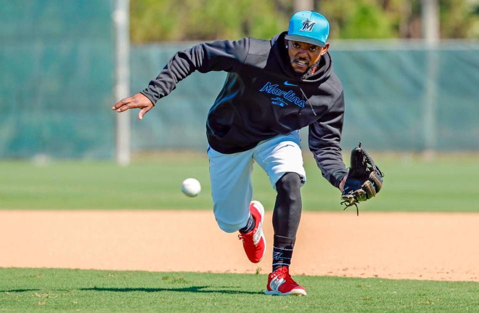 Miami Marlins infielder Vidal Brujan fields the ball during spring training at Roger Dean Chevrolet Stadium in Jupiter, Florida on Tuesday, February 20, 2024.